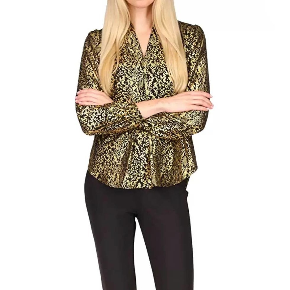 MICHAEL Michael Kors Inverted Pleated Top Women's PL Gold/Black Snake Skin L